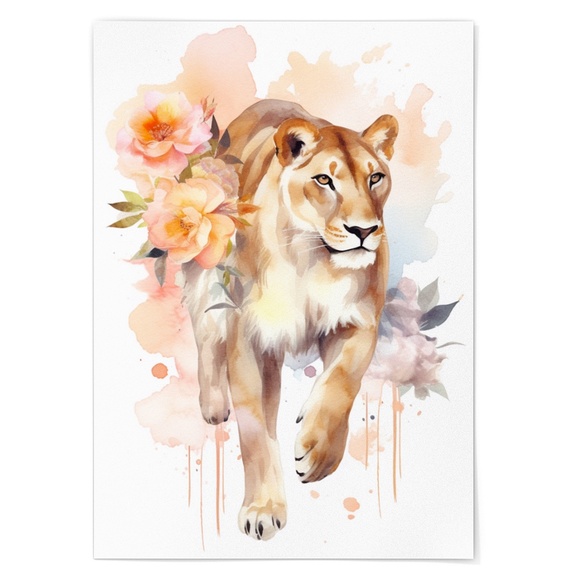 Watercolor Lioness With Flowers Portrait Wall Art Illustration Print Unframed - Picture 3 of 6
